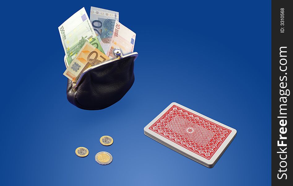 Playing cards and money on blue background. Casino concept