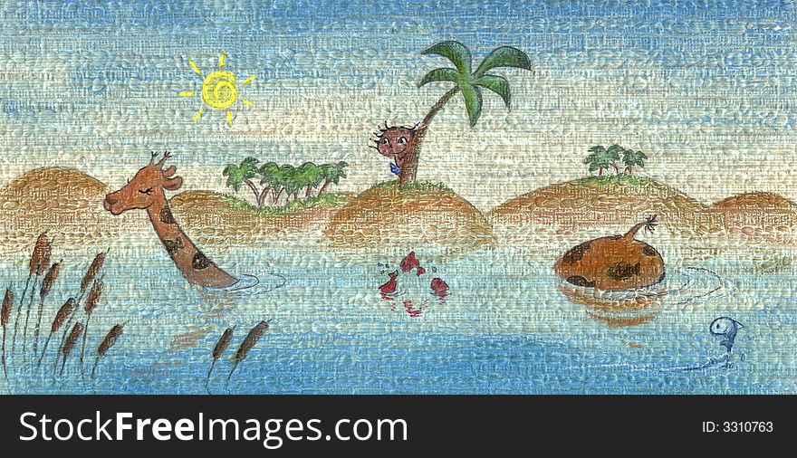 A little african girl is looking at a giraffe having a bath in the river. Hand made illustration on textured paper. A little african girl is looking at a giraffe having a bath in the river. Hand made illustration on textured paper.