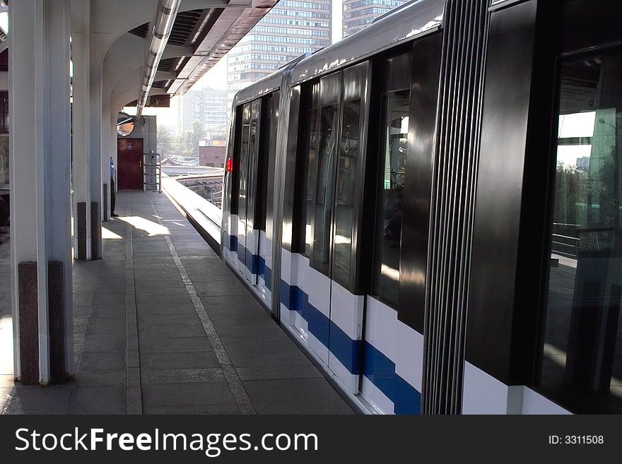 Monorail train coming to Timiryazevskaya station, Moscow, Russia. Monorail train coming to Timiryazevskaya station, Moscow, Russia