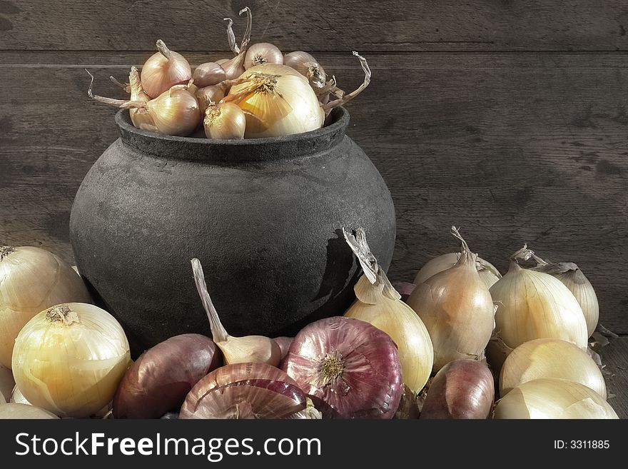 Onions on a black background