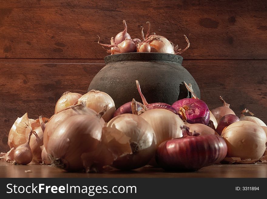 Onions on a brown background