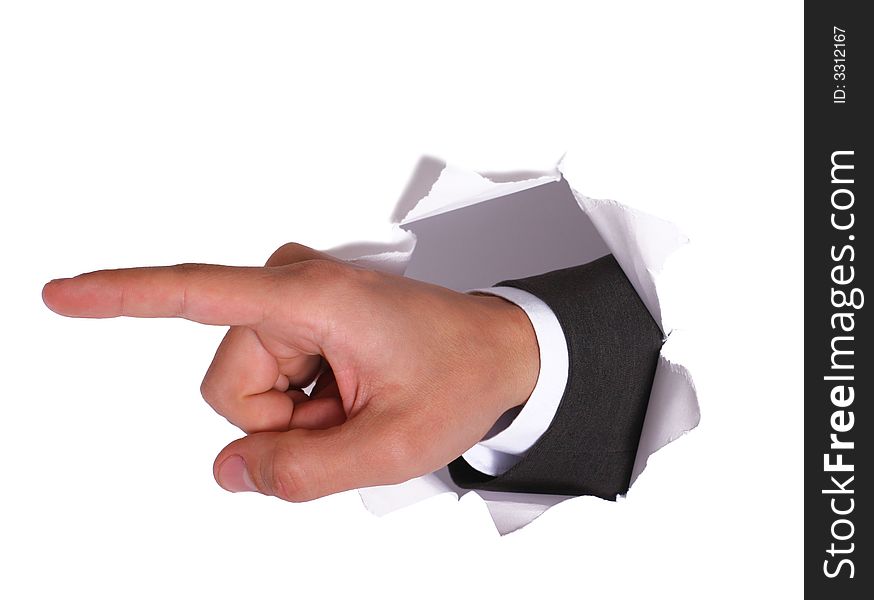 Businessman hand in the white paper hole