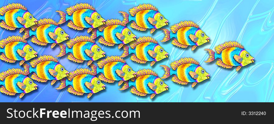 Hand-painted colorful rendering of a cartoon fish in a group. Hand-painted colorful rendering of a cartoon fish in a group