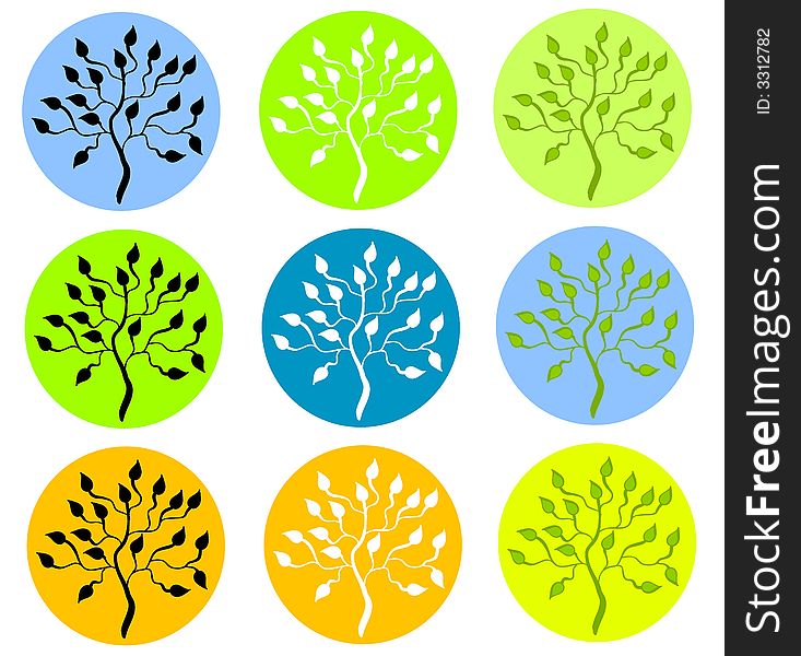 A clip art illustration of your choice of 9 different colorful tree in circle icons with various colors