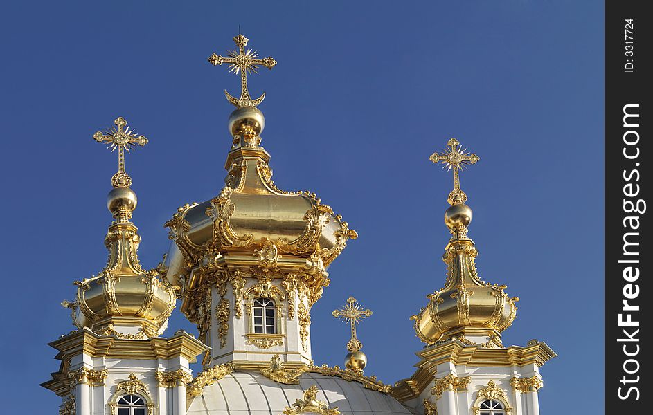 Golden domes of russian church at at Peterhof, Saint Petersburg