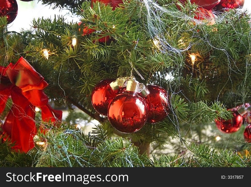 Christmas Tree close up with decorations and tinsel. Christmas Tree close up with decorations and tinsel