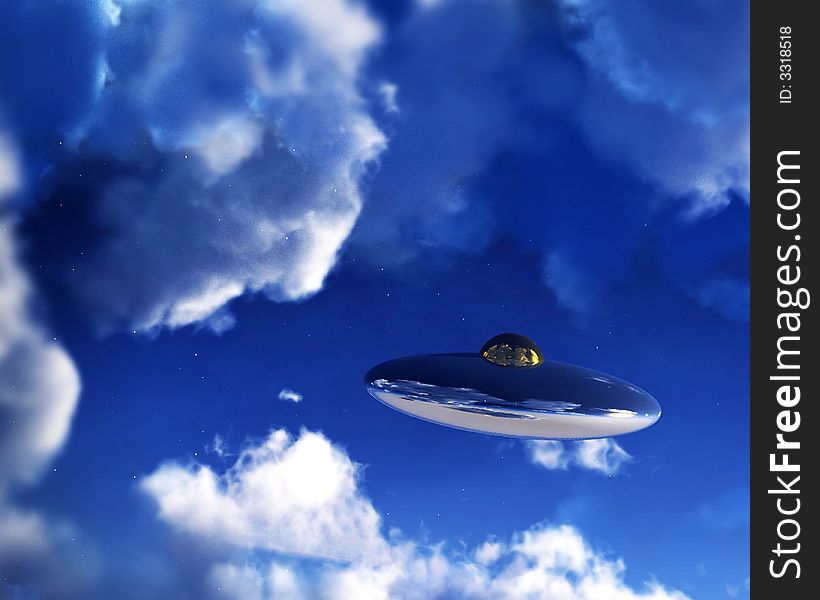 A UFO flying in the daylight sky amongst the clouds. Their are a few stars showing through as the UFO is high in the atmosphere. A UFO flying in the daylight sky amongst the clouds. Their are a few stars showing through as the UFO is high in the atmosphere.