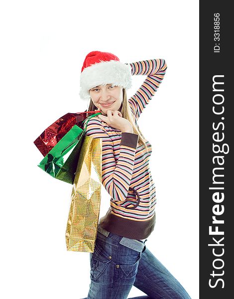 Beauty christmas woman with gift over white background