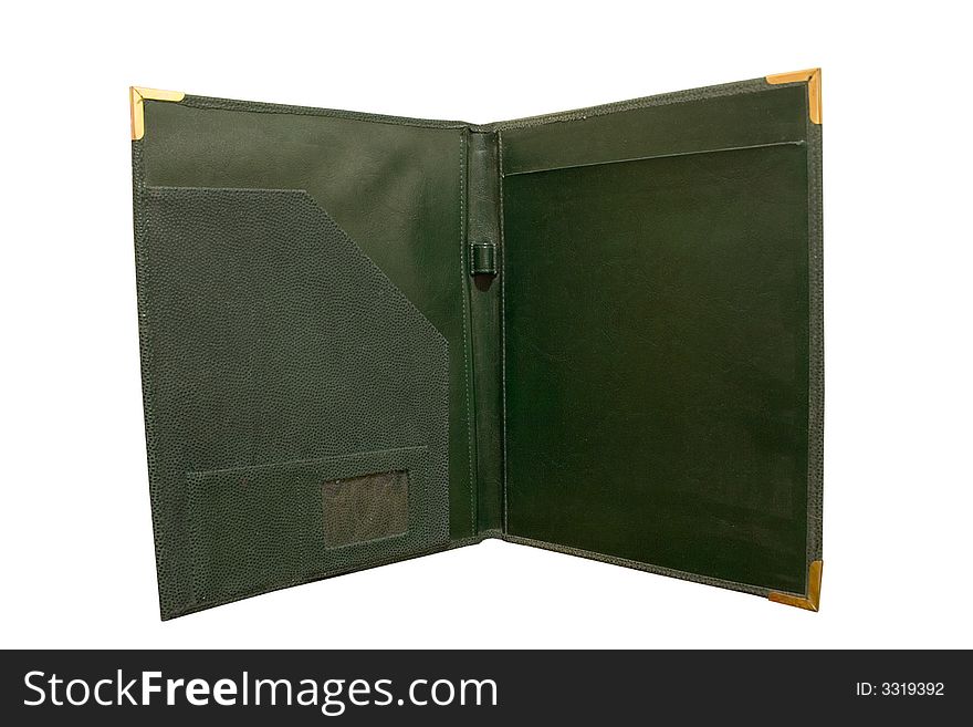 An isolated dark green leather open folder. An isolated dark green leather open folder