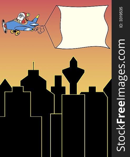 Santa claus in a plane flying over the city by night. Available as Illustrator-file. Santa claus in a plane flying over the city by night. Available as Illustrator-file