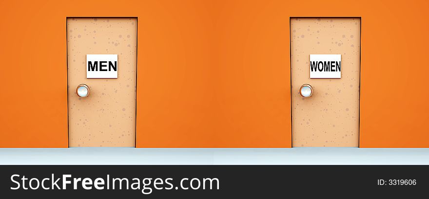 An conceptual image of two doors with signs on them indicating toilets.