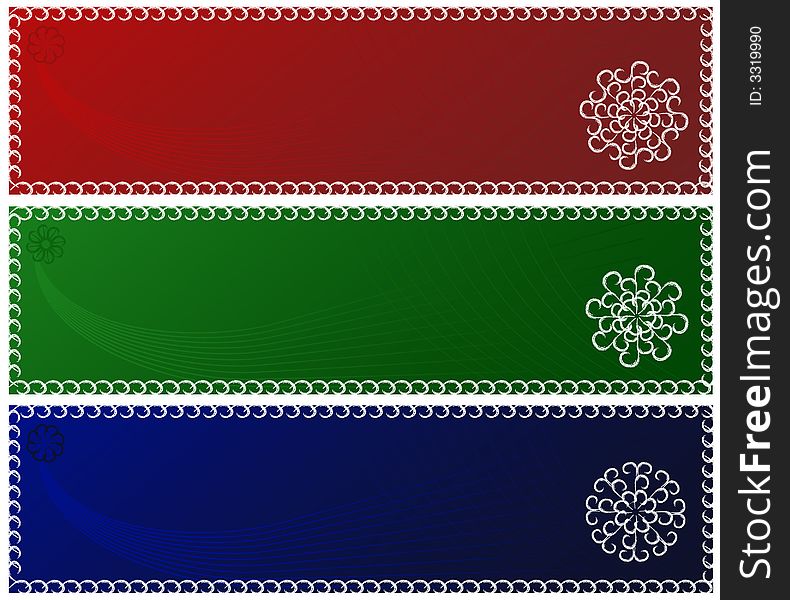 Abstract banners with snowflakes ( of three colors: red, green and blue)