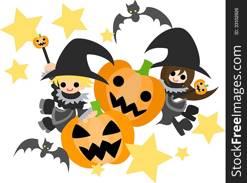 Two jack-o-lanterns, a magician boy and a magician girl. Two jack-o-lanterns, a magician boy and a magician girl.