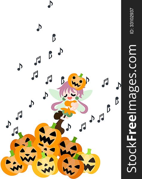 A fairy of the Halloween is singing a song in among many jack-o-lanterns. A fairy of the Halloween is singing a song in among many jack-o-lanterns.