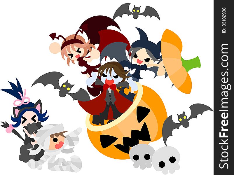 Three devils appear from the jack-o-lantern, and a mummy boy and a black cat girl are surprised. Three devils appear from the jack-o-lantern, and a mummy boy and a black cat girl are surprised.