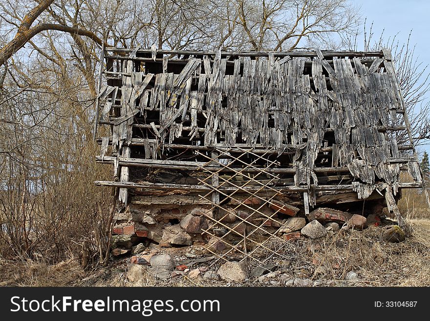 Ramshackle village barn ruins closeup. Ramshackle village barn ruins closeup