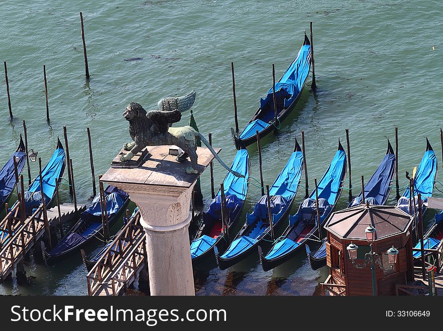 Venetian gondola on Grand canal. View from top. Venetian gondola on Grand canal. View from top