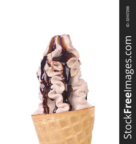 Ice cream with chocolate topping. Close up. White background.