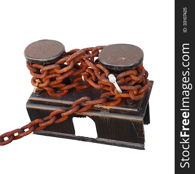 Iron bollards coiled with rusty red chain isolated on white background. Iron bollards coiled with rusty red chain isolated on white background