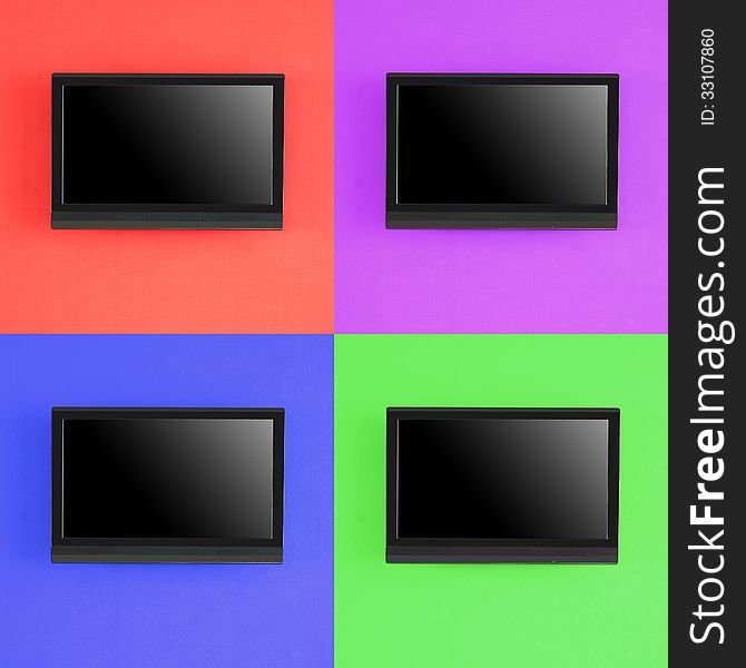 Set of modern LED screen on color wall