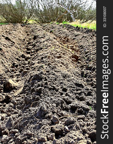 Fresh plowed soil agricultural landscape