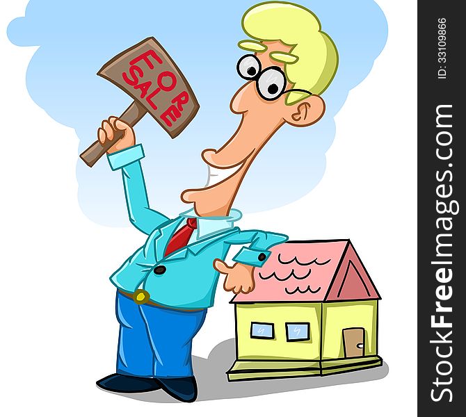 Illustration of a salesman who offers home building. Illustration of a salesman who offers home building