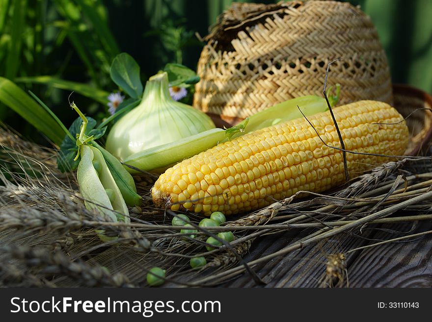 Ear Of Corn, Peas, Onion And Straw Hat.