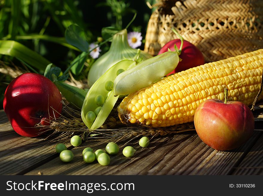 Summer vegetable still life with apples, green pot, corn, onions and straw hat. Summer vegetable still life with apples, green pot, corn, onions and straw hat.