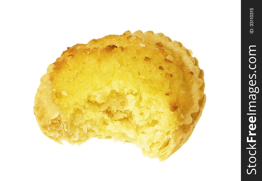 Large bite marks on a piece of pie on white background. Large bite marks on a piece of pie on white background