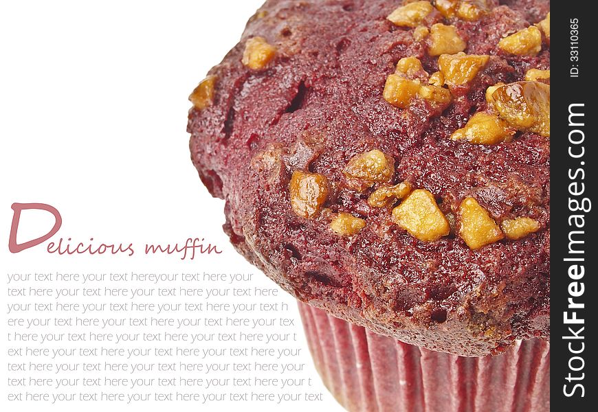 Closeup of red almond muffin and text space. Closeup of red almond muffin and text space