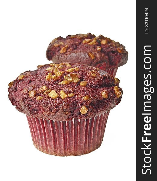 Row of red almond muffin cake on white background. Row of red almond muffin cake on white background
