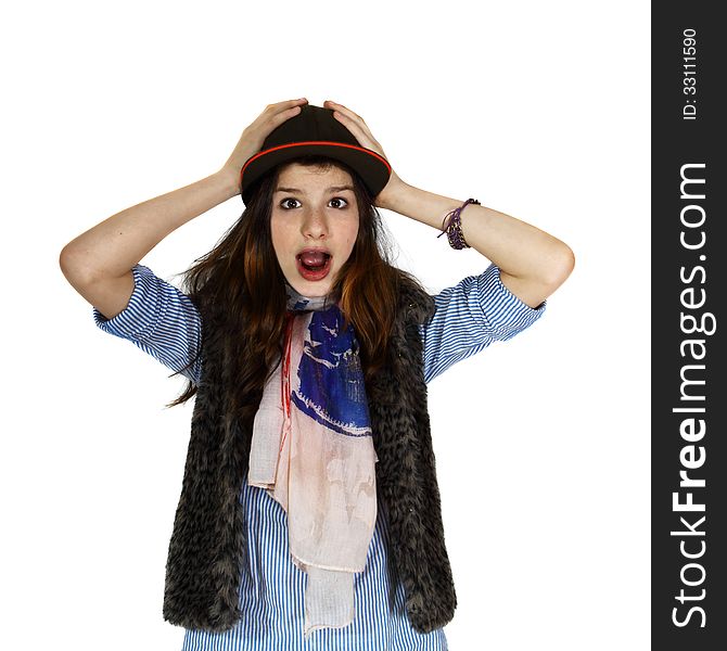 Teenage girl with panic facial expression clasped her head. Portrait isolated on white background. Teenage girl with panic facial expression clasped her head. Portrait isolated on white background