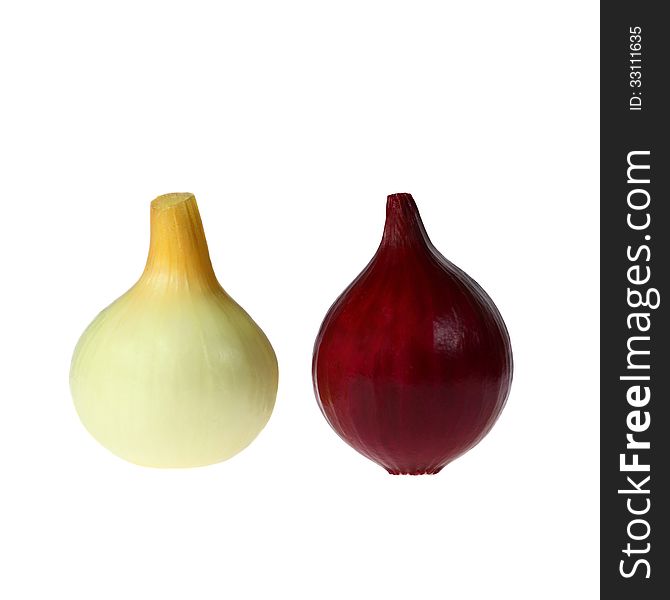 Two onion bulbs, red and white