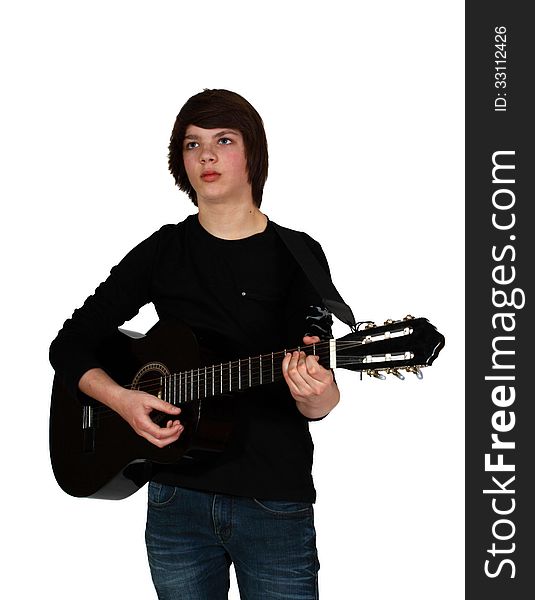 Boy in black shirt plays guitar. Portrait isolated on white background. Boy in black shirt plays guitar. Portrait isolated on white background