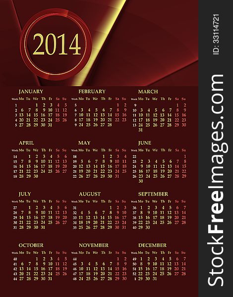 2014 one page calendar on abstract background with weeks number. 2014 one page calendar on abstract background with weeks number