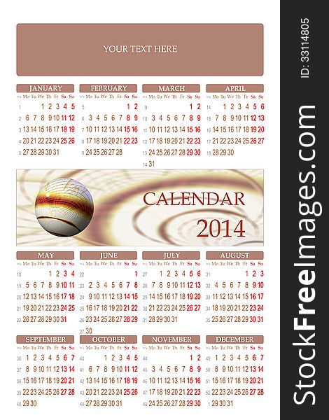 2014 one page calendar with abstract image and weeks number. 2014 one page calendar with abstract image and weeks number