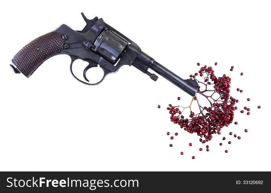 Gun with red berries bunch like blood isolated. Gun with red berries bunch like blood isolated