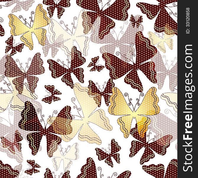 Seamless spring pattern with polka dots with transparent gold and brown butterflies (vector EPS 10). Seamless spring pattern with polka dots with transparent gold and brown butterflies (vector EPS 10)