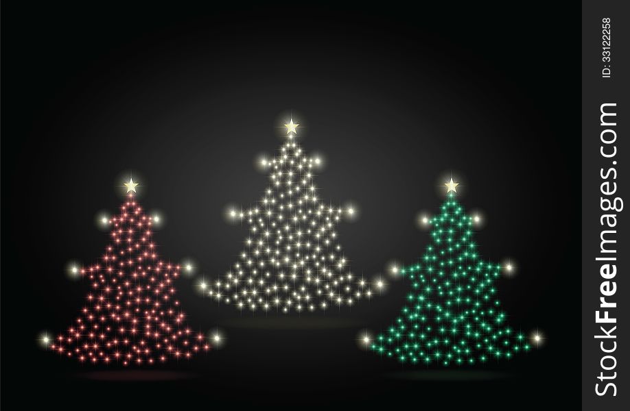 Gold red and green christmas trees on dark background. Gold red and green christmas trees on dark background