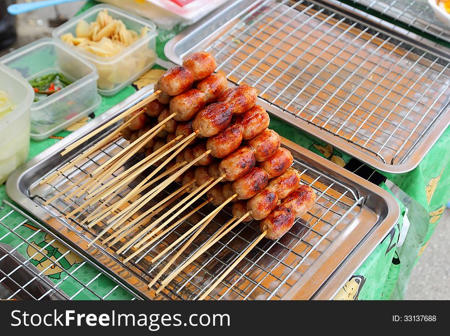 Grilled sausage tray market. Thailand food. Grilled sausage tray market. Thailand food