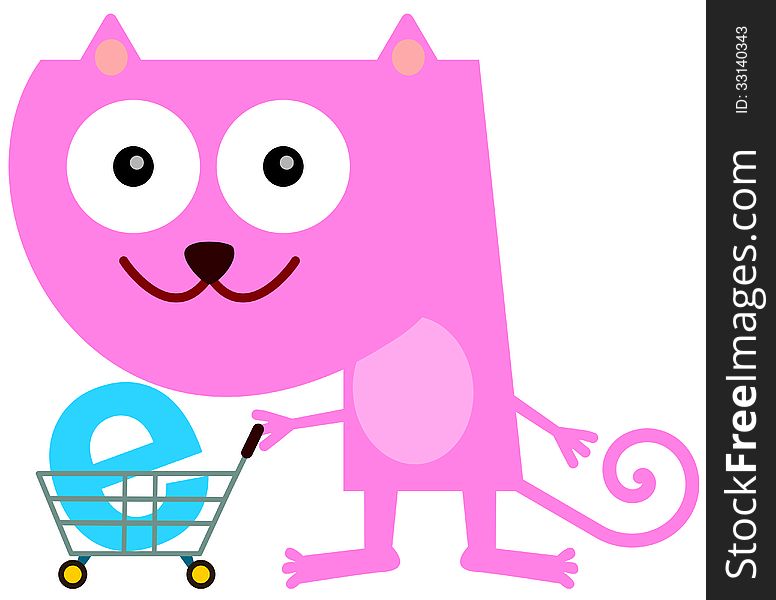 Illustration of a cat pushing a cart with the letter e. Illustration of a cat pushing a cart with the letter e