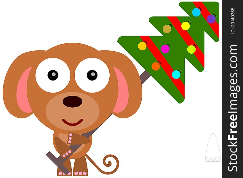 An illustration of a cute dog carrying a Christmas tree. An illustration of a cute dog carrying a Christmas tree