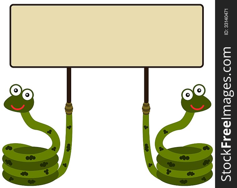 Two snakes carrying a blank placard for frame and background use. Two snakes carrying a blank placard for frame and background use