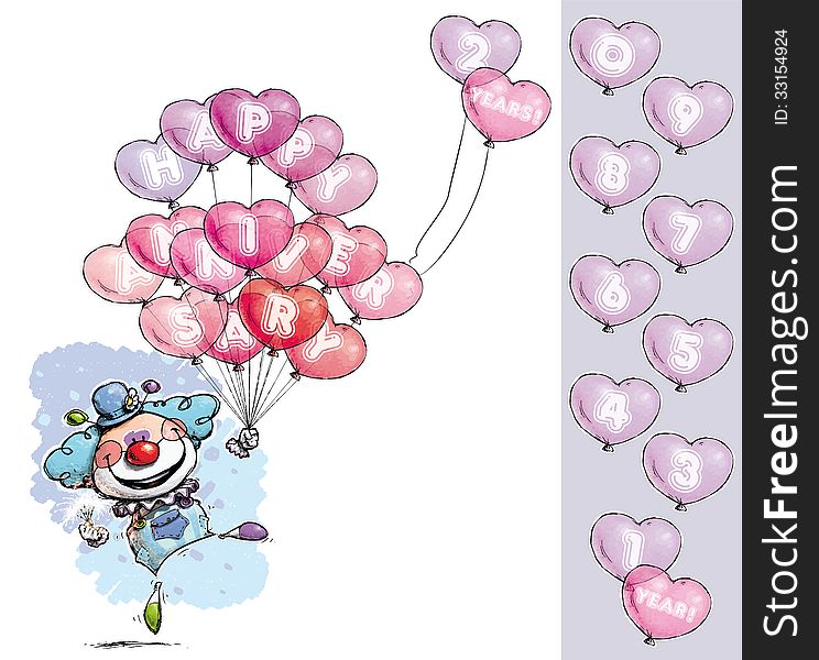 Cartoon/Artistic illustration of a Clown with Heart Balloons Saying Happy Anniversary - Boy Colors . Number balloon has 1 to 0 in place on an indicated group.