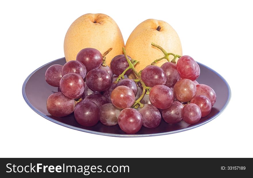 Chinese pear and grape in black plate on white background