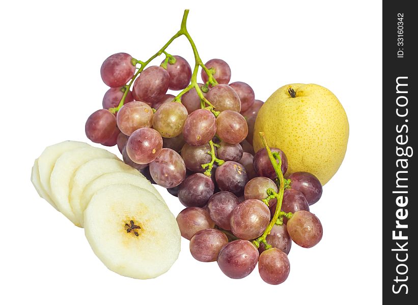 Chinese pear and grape isolate on white baclground with clipping path