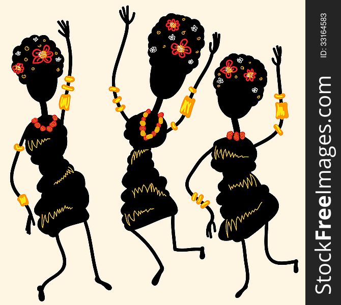 Silhouettes of three dancing African women with flowers and bracelets. Silhouettes of three dancing African women with flowers and bracelets