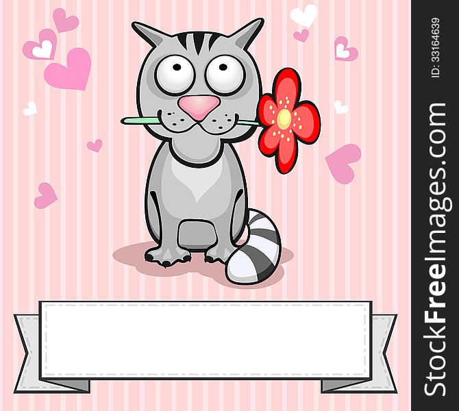 Card with gray cartoon cat and paper banner. Card with gray cartoon cat and paper banner