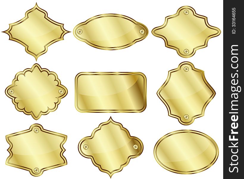 Set of nine isolated golden labels or plates