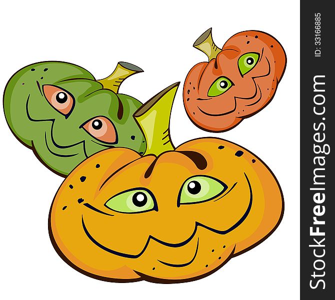 Three cartoon pumpkins with smiling faces over white. Three cartoon pumpkins with smiling faces over white